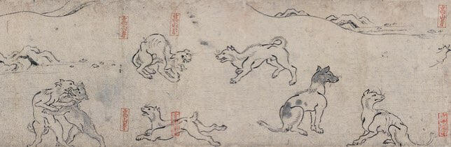 修復後の鳥獣戯画 - Choju-Jingai or known as Choju-Jinbutsu-Giga, the National Treasure depicting dogfighting.